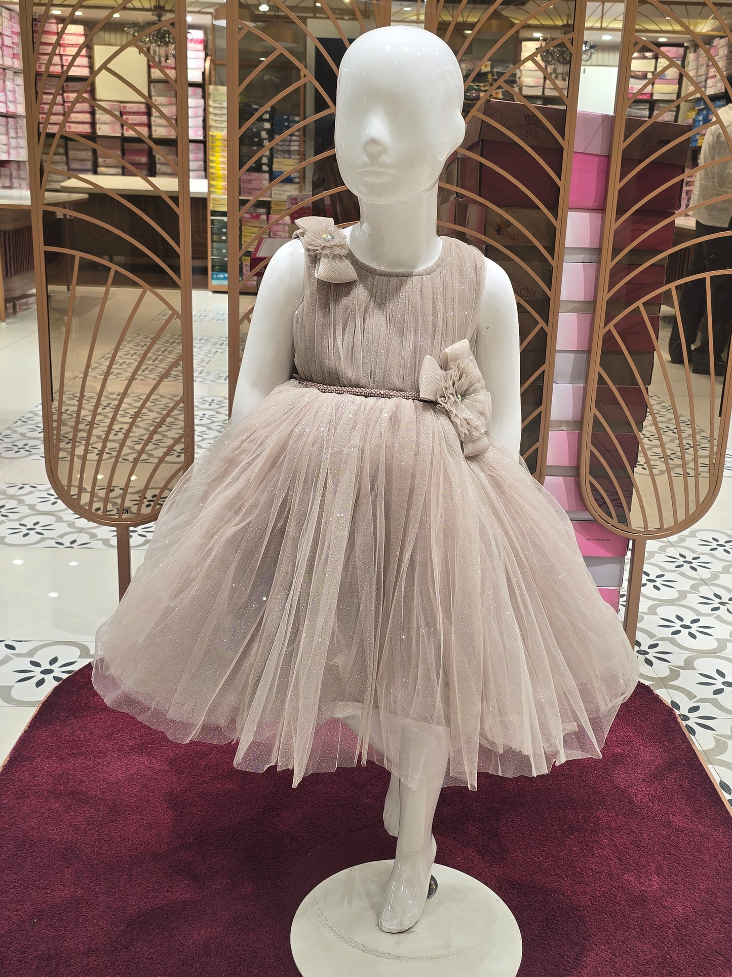 Girl Chikoo Glitter Knitted Party Wear Short Frock