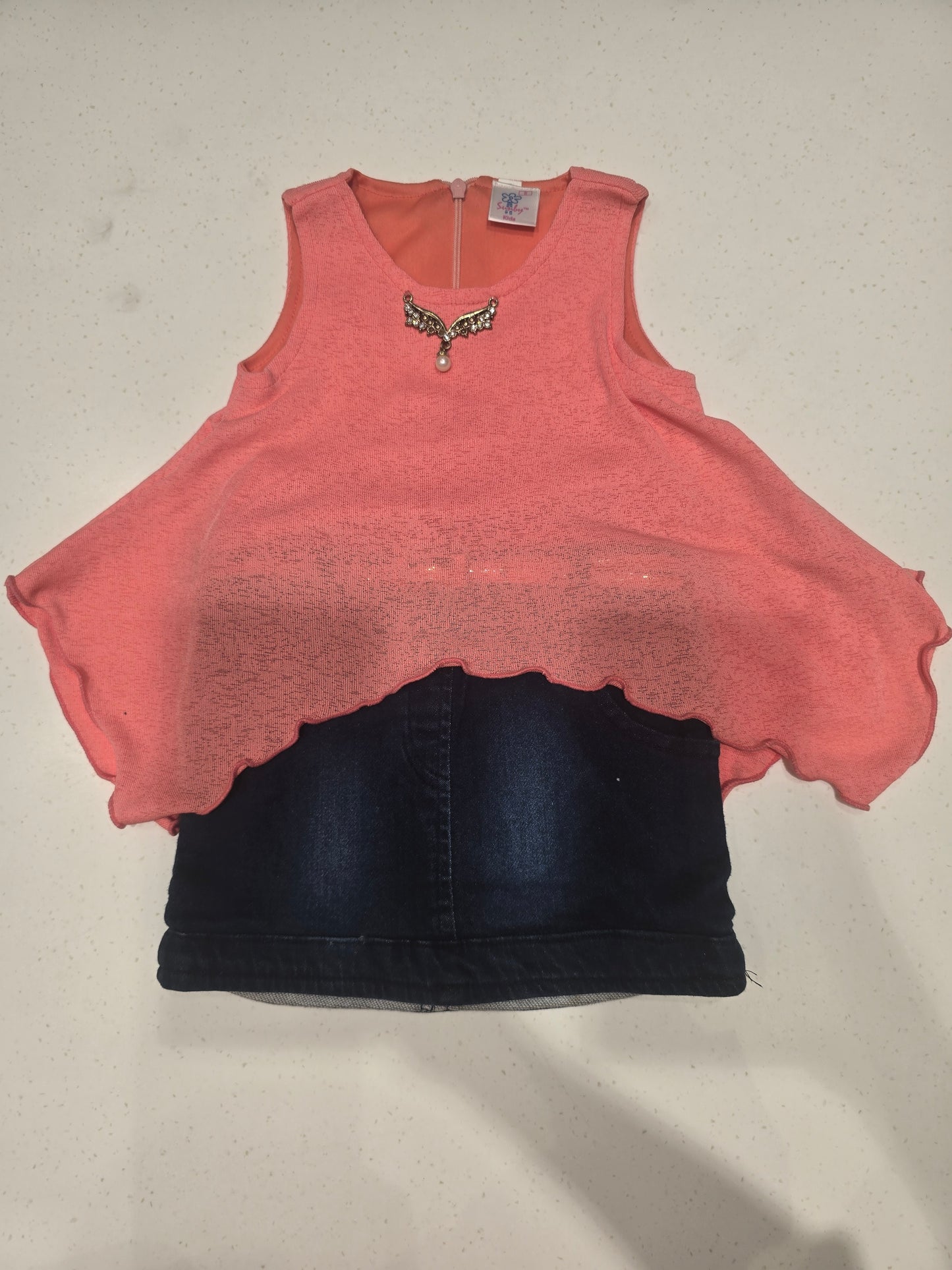 Baby Girl Peach Hosiery Top with Denim Skirt