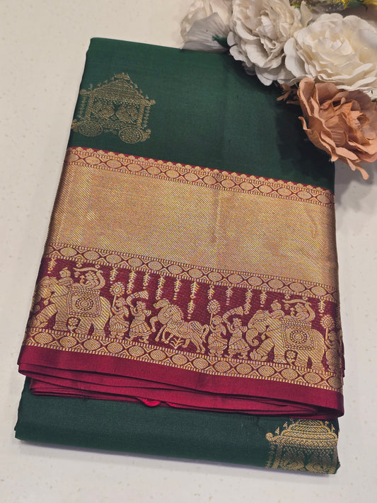 Pure Kanchivaram Handloom Silk Saree with Palakki Motif & Traditional Ark Border | Rich Pallu | Wedding Collection