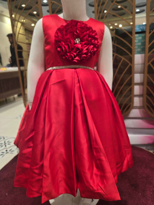 Satin material red colour baby frock with stone work belt on waist and floral cut work