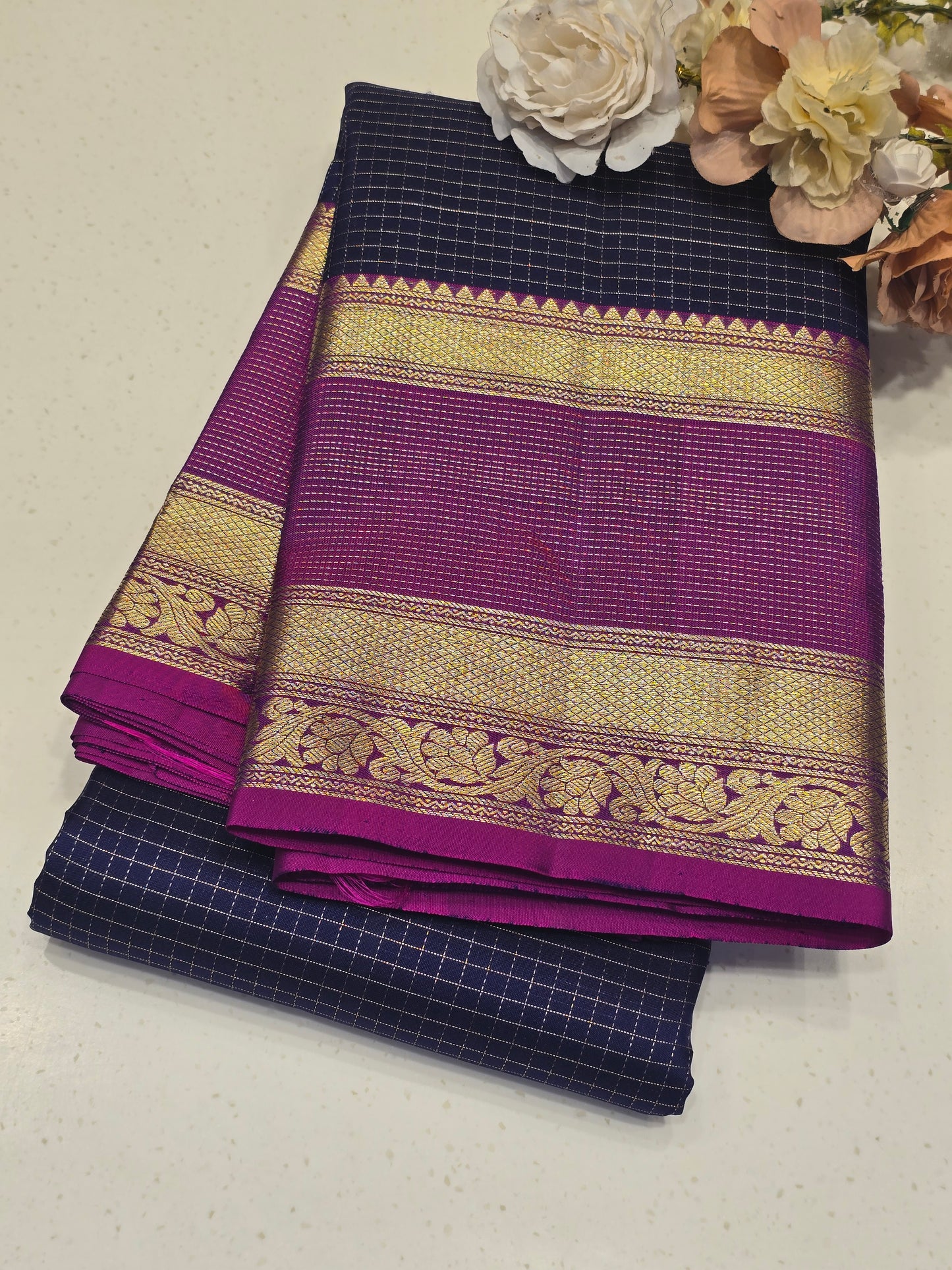 Pure Kanchipuram Handloom Silk Saree with Checked Weaving & Rich Bantex Zari Border | Festive & Bridal Collection