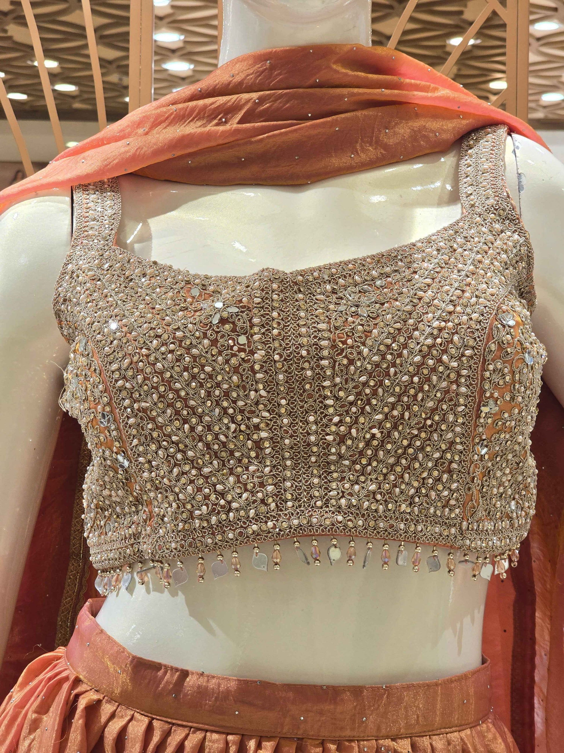 Tissue Material dual shade lehenga with handwork on top and speghetti