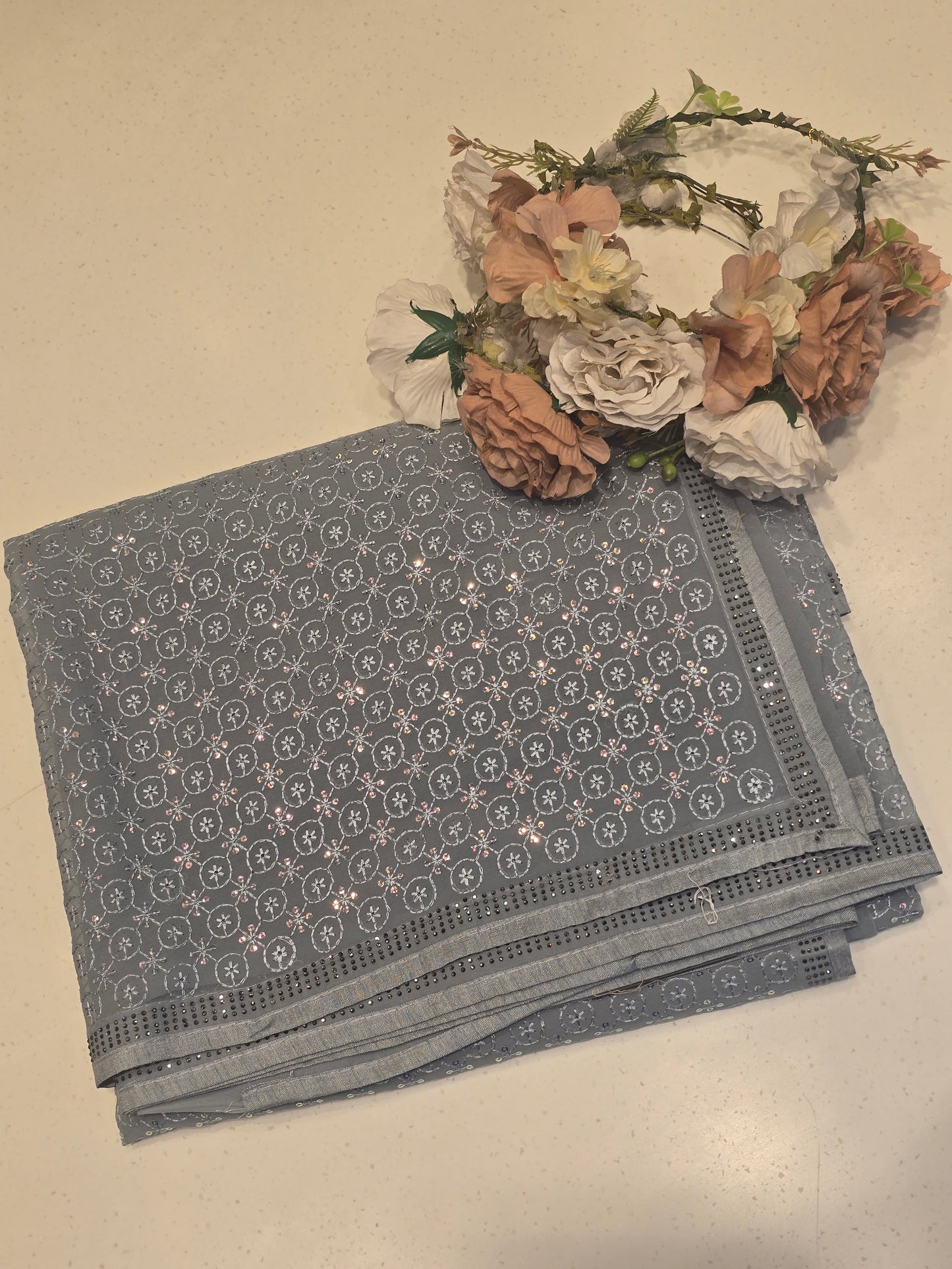 Chiffon saree with sequence and embroidery work, stone work Border | Party wear