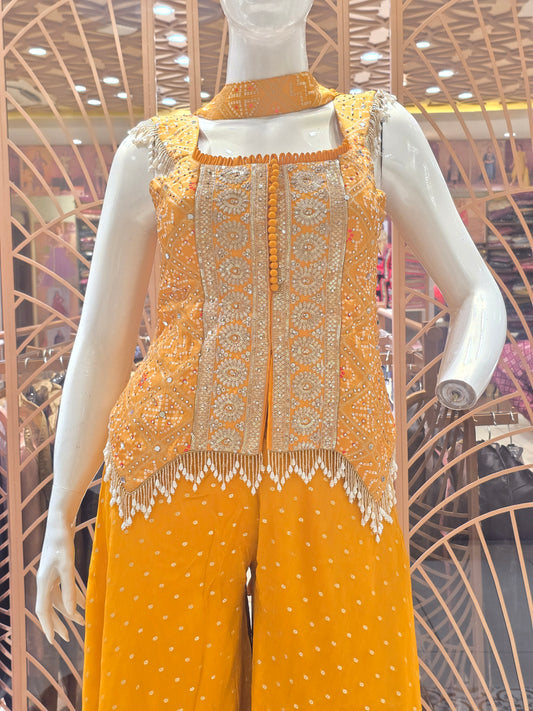 Women Mustard Bandhini Silk Sharara Set