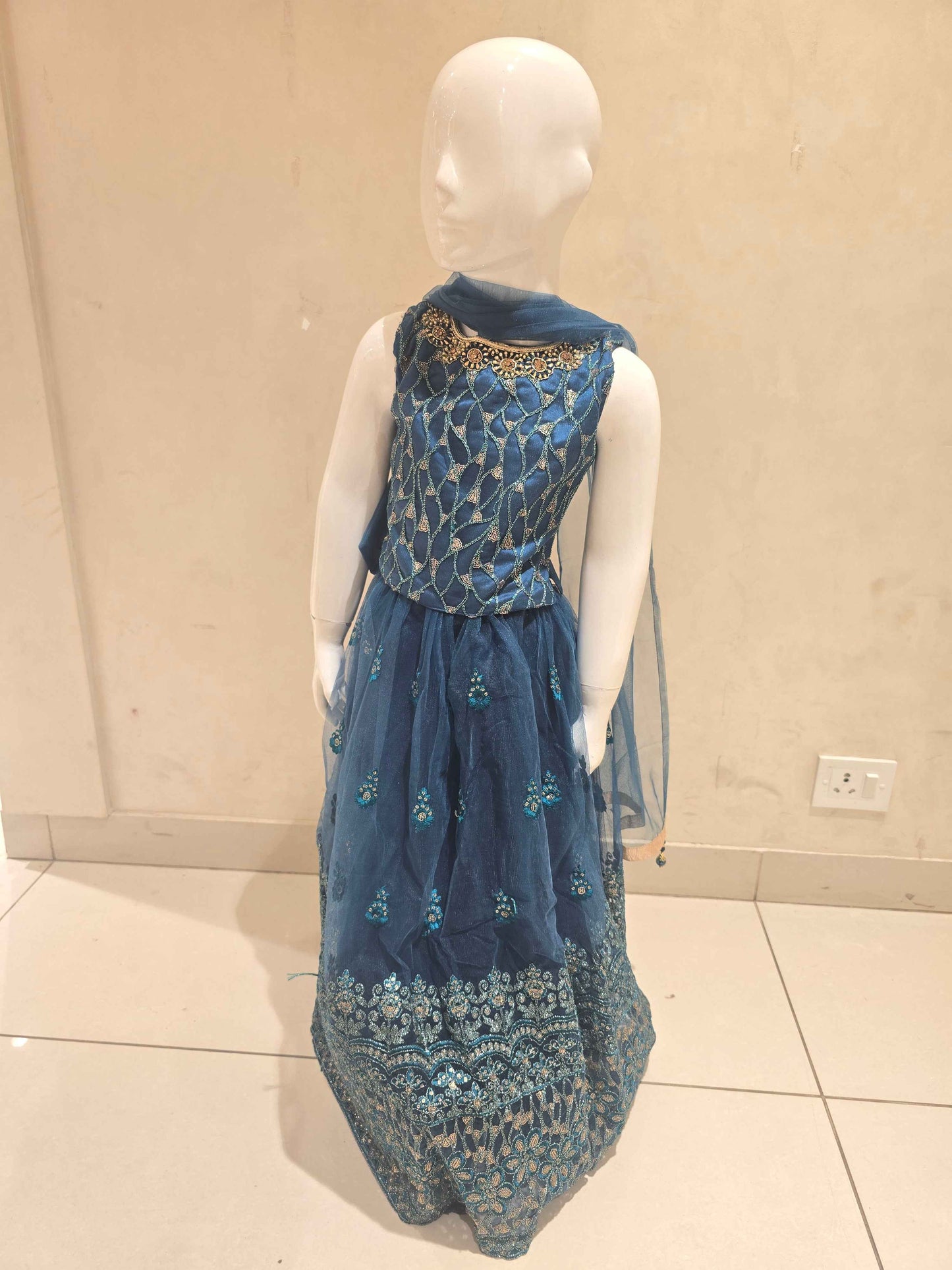 Teal Blue Knitted Ghagra Choli for Girls