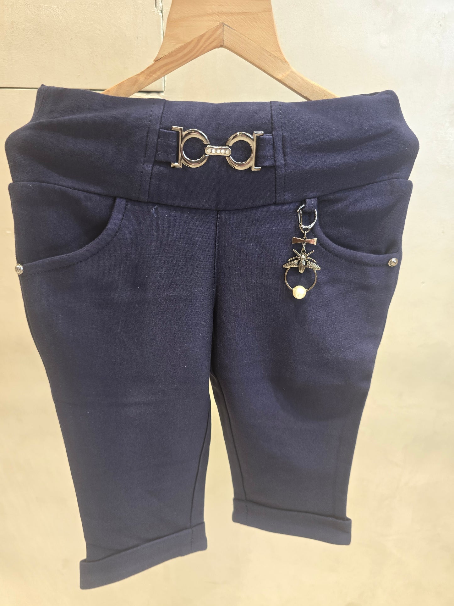 Girls Stretchable Cotton Capri Pant in Dark Blue with Left Side Key Chain Detail and Unique Belt Logo for Summer Casual Wear