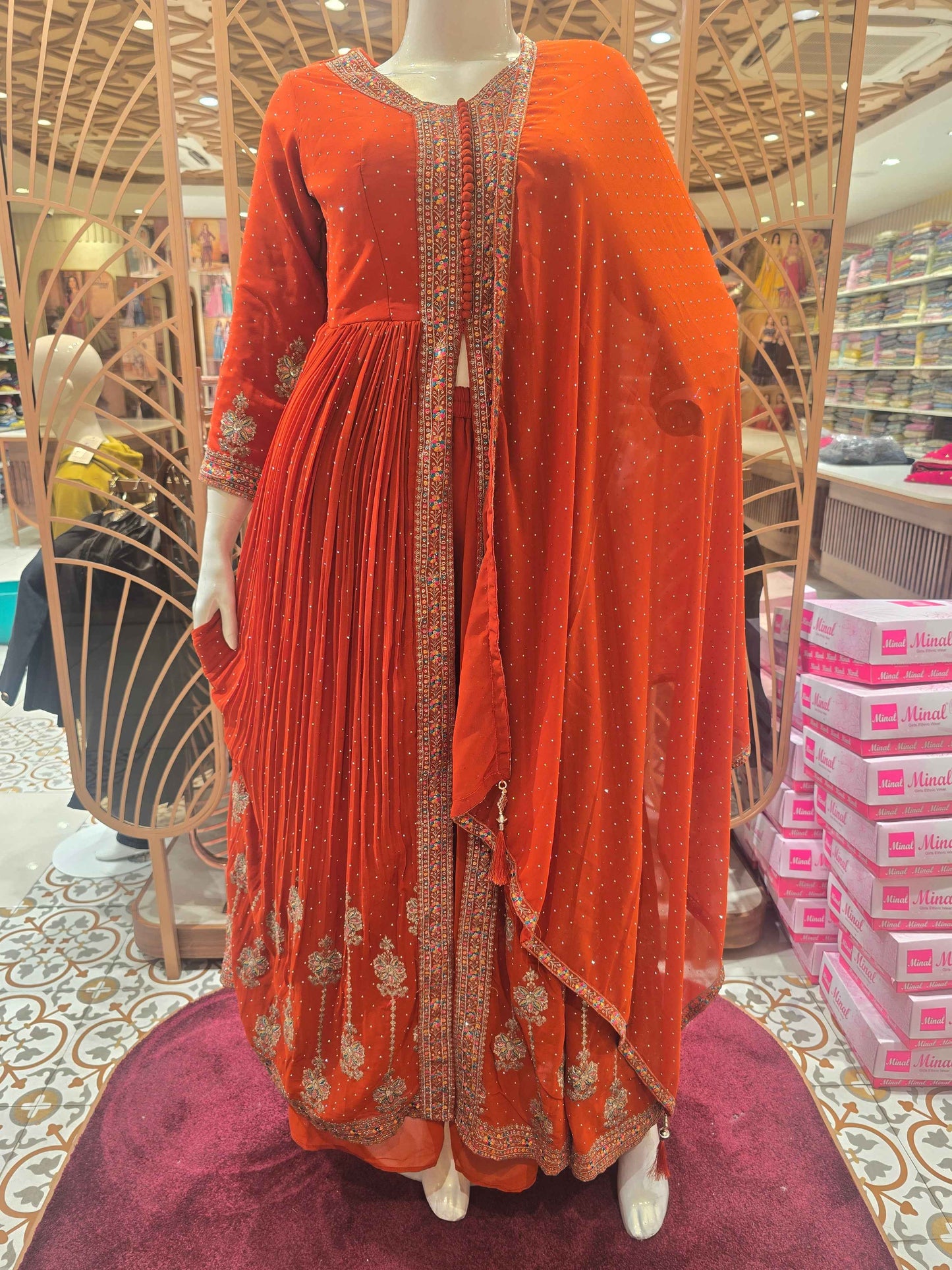 Women Orange Chiffon Anarkali Plazo Set