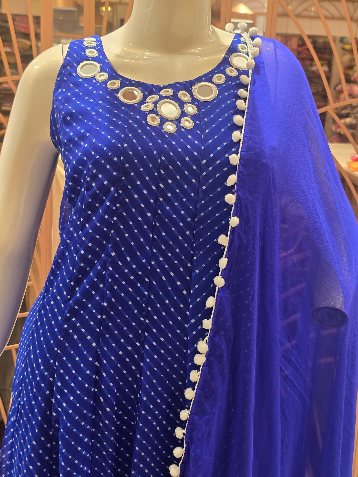 royal blue Leheriya printed Anarkali suit set.