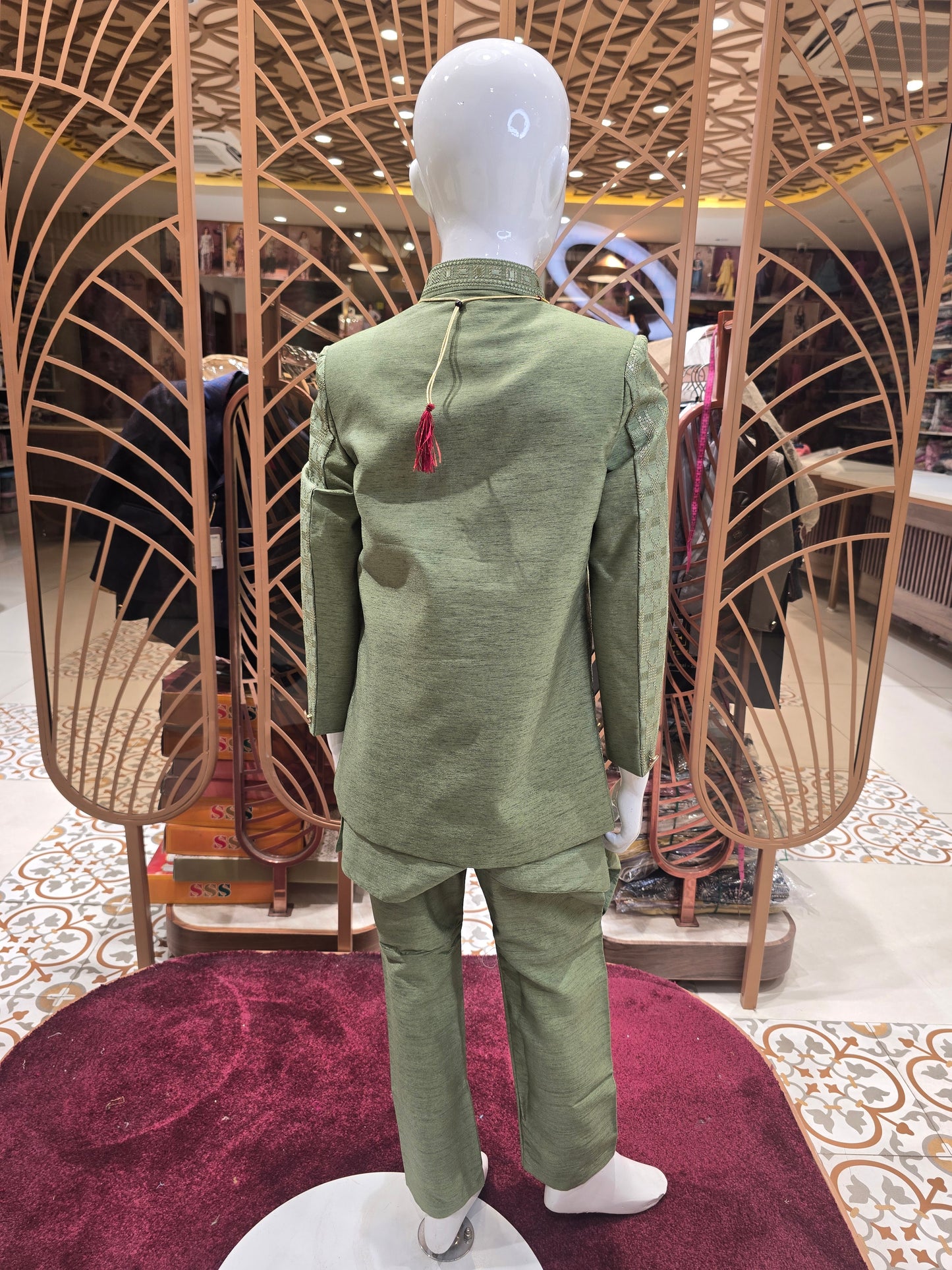 Pista colored silk mix Fabric junior ethnic sequence & handwork brauch ,3 layer maala