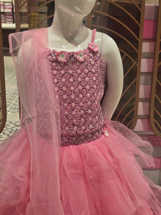 Knitted material baby pink colour traditional wear with sequence work,peghetti shoulder and Step by step gaghra