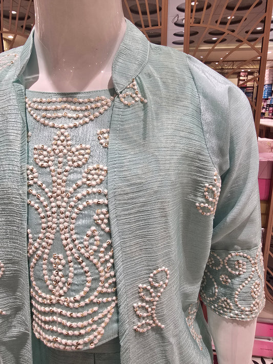 Firozi Blue Crepe Chiffon Indo Western Palazzo Set for Girls with Computerised Embroidery & White Embroidered Open Jacket – 3 Piece Ethnic Set