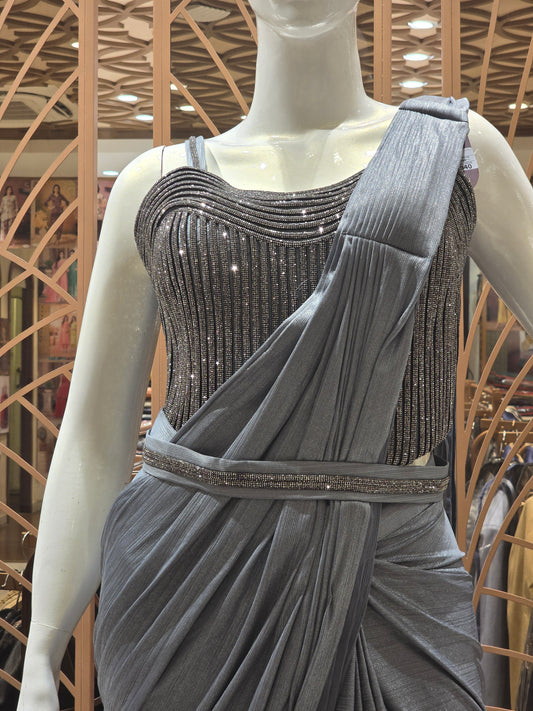 Gray Cream Satin Ready-to-Wear Saree