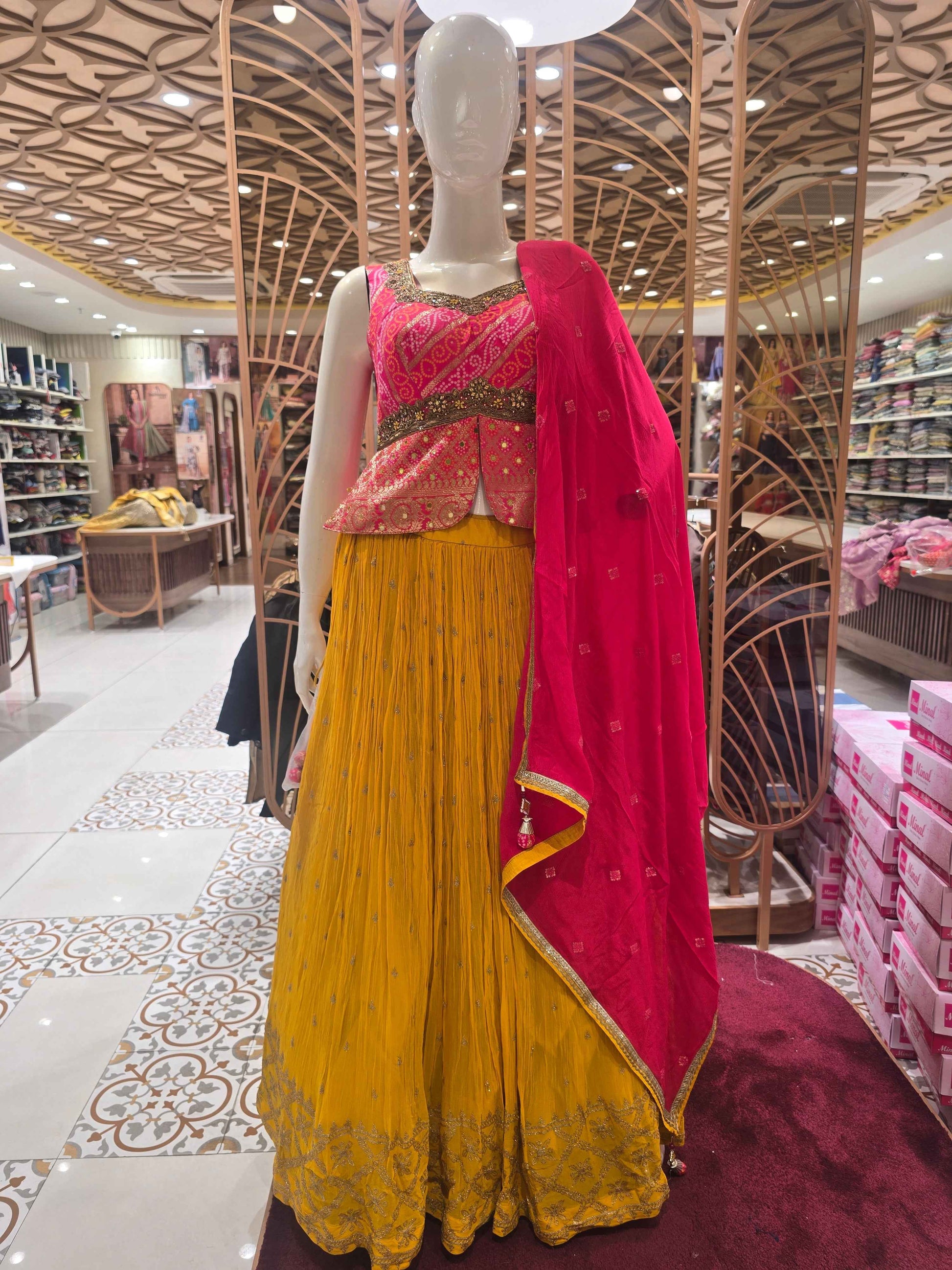 Women Yellow Pink Bandhani Silk Lehenga Set