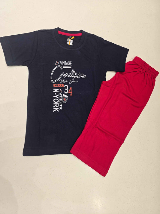 Boys Red & Blue Graphic T-Shirt & Pants Set