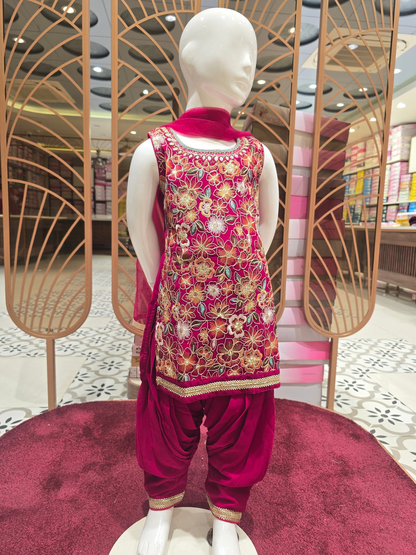 Girls Cherry Red Chiffon Patiala Set with Multi-Color Floral Embroidery (Size 24 | 4-5 Years)