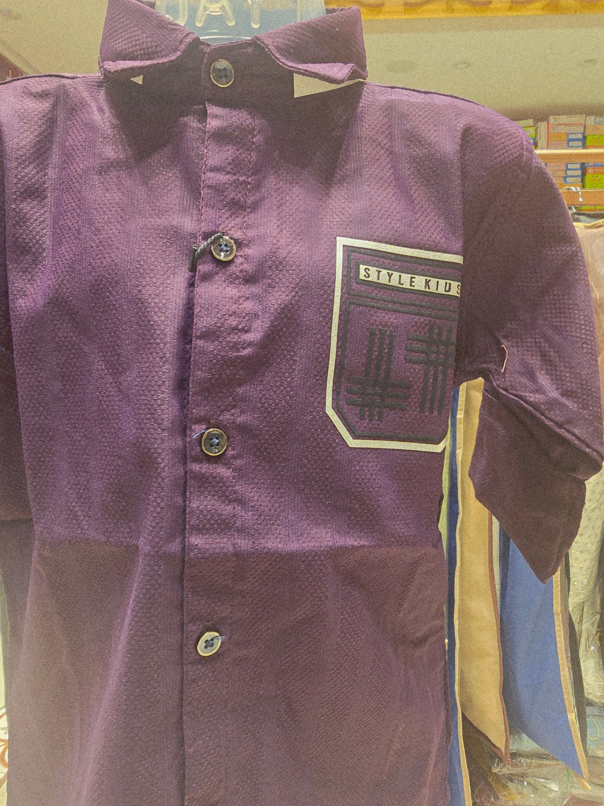 Wine Colored Lycra Cotton Shirt for Boys with Printed Pocket, Full Sleeves and Classic Collared Neck