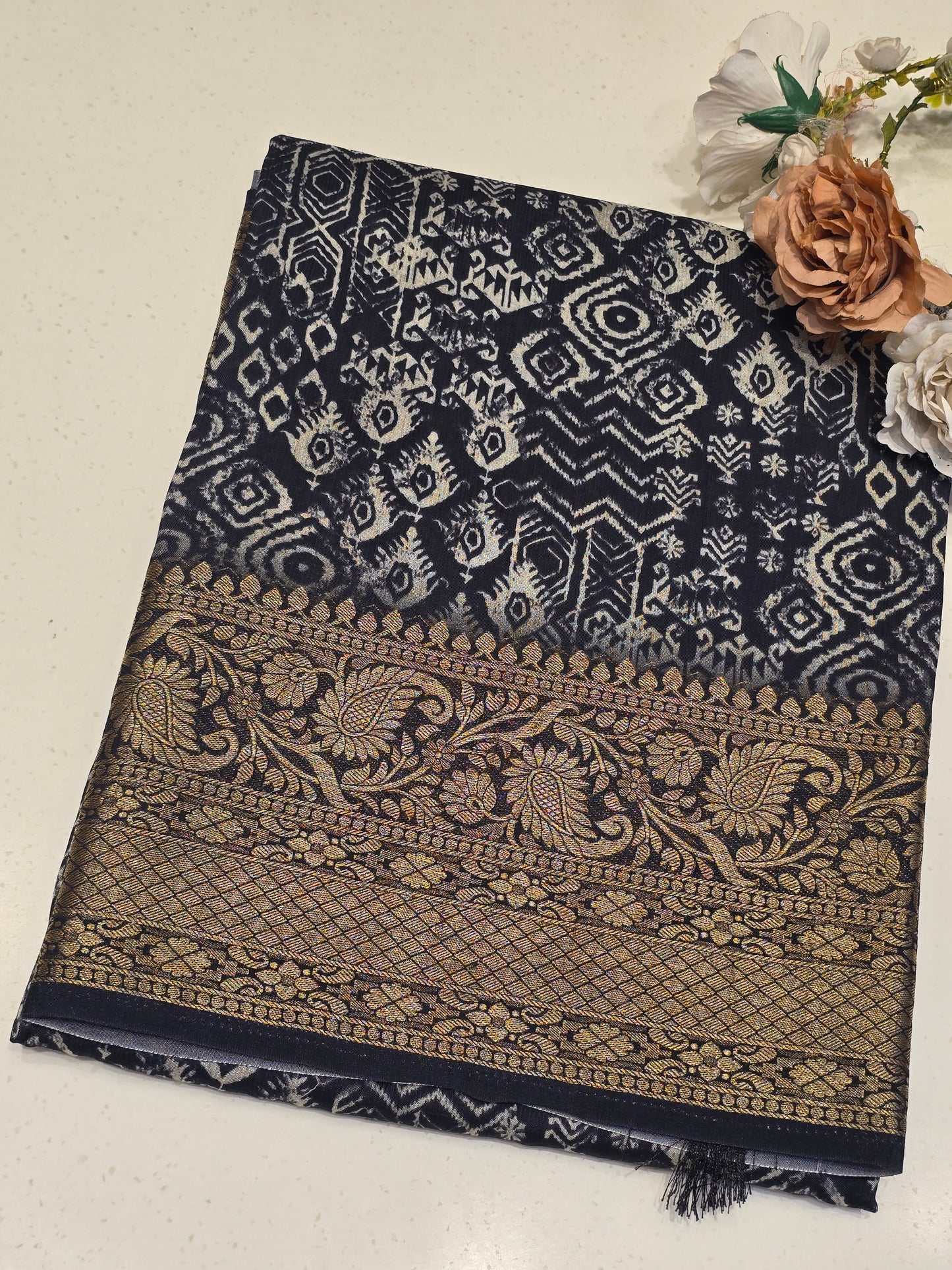 Kalamkaari Crepe Silk Saree with Artistic Border & Festive Elegance