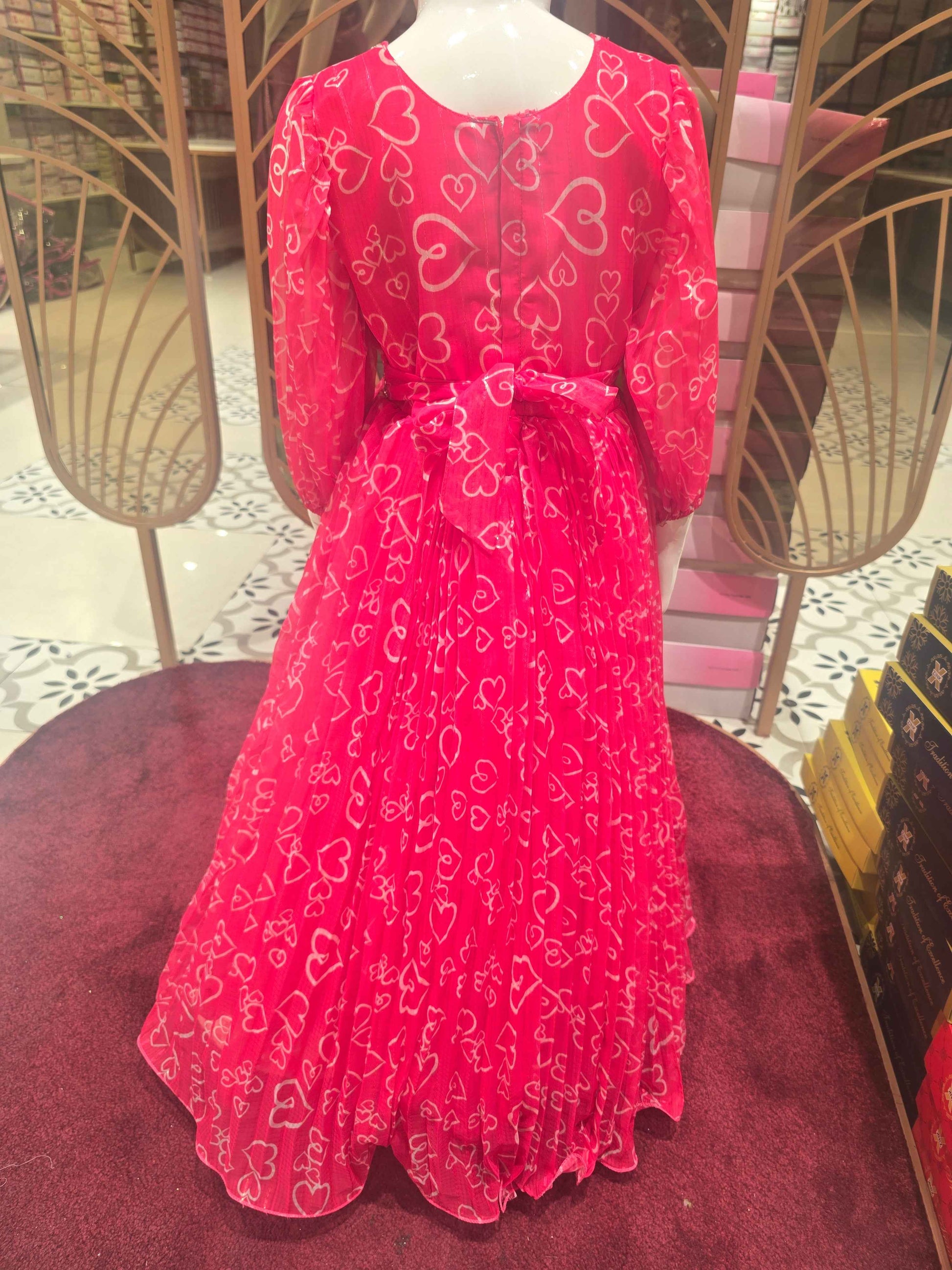 Girls Pink Chiffon Printed Gown