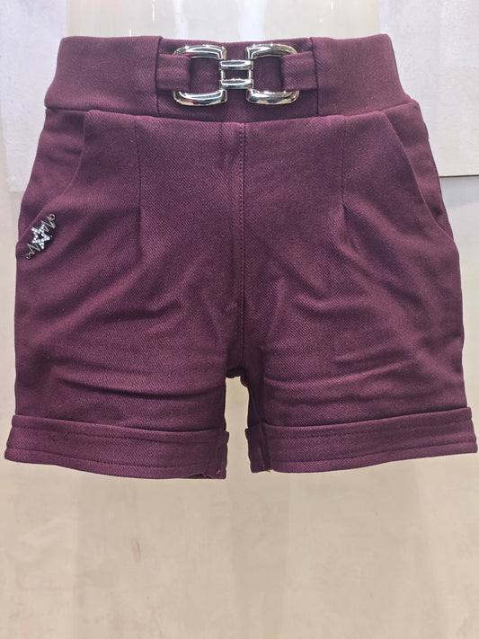 Wine Colored Lycra Cotton Baby Shorts for Girls with Stretchable Fit, Two Pockets and Stylish Belt Logo