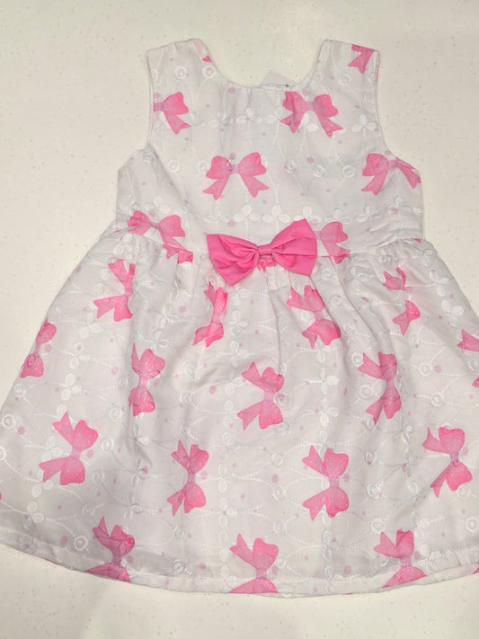 Girls White Cotton Baby Frock with Pink Printed Bow