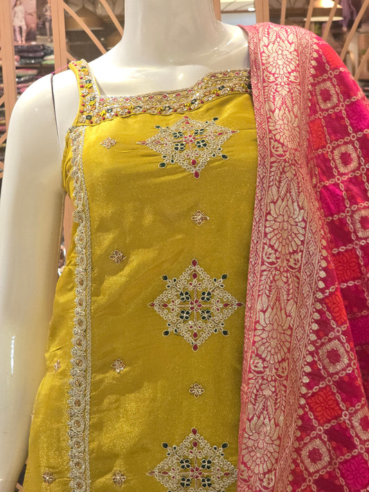 Women Mehndi Green Tissue Sharara Set