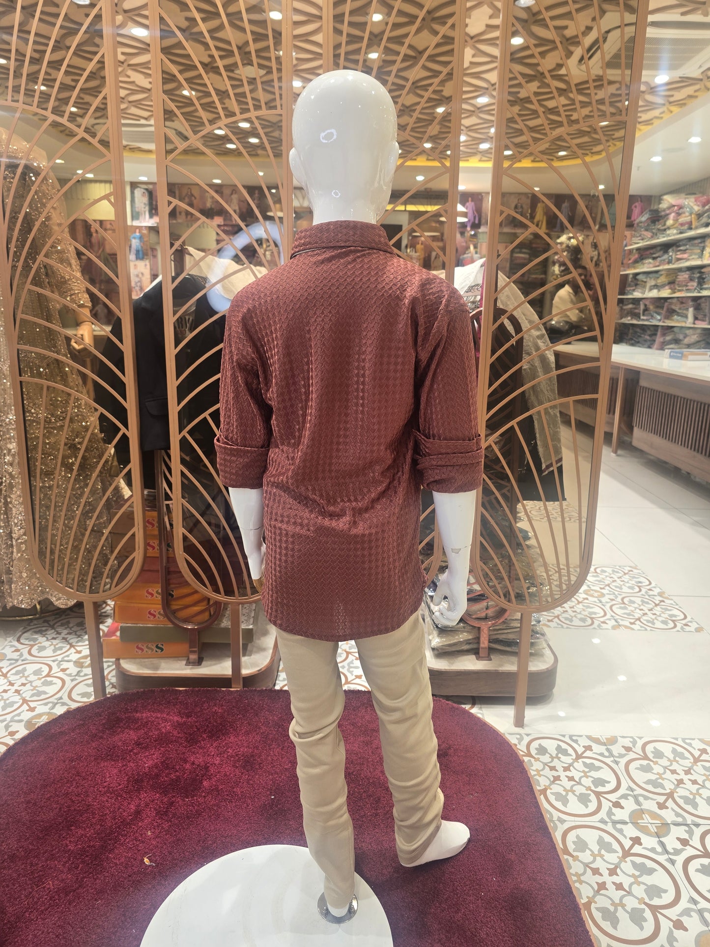 Boys Net Fabric Fancy Shirt and Pant Set in Rust and Cream with Foldable Full Sleeves, Tiger Logo Detail for Casual and Party Wear