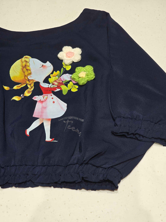 Lycra cotton material denim blue color western top for girls