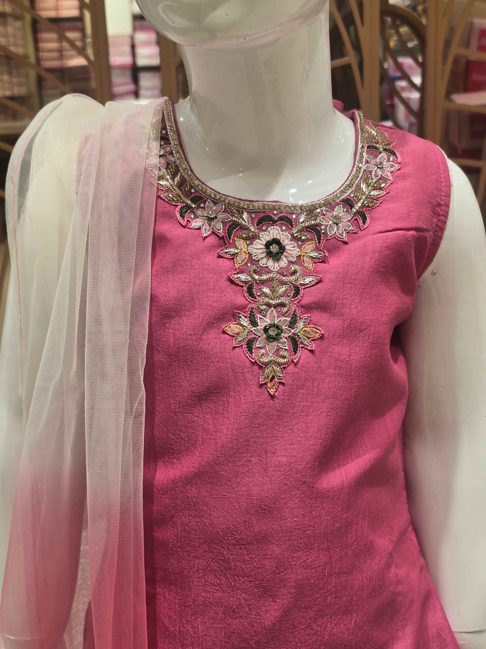 Crepe material onion pink color Patiala set with printed pant and jardhosi work on neck