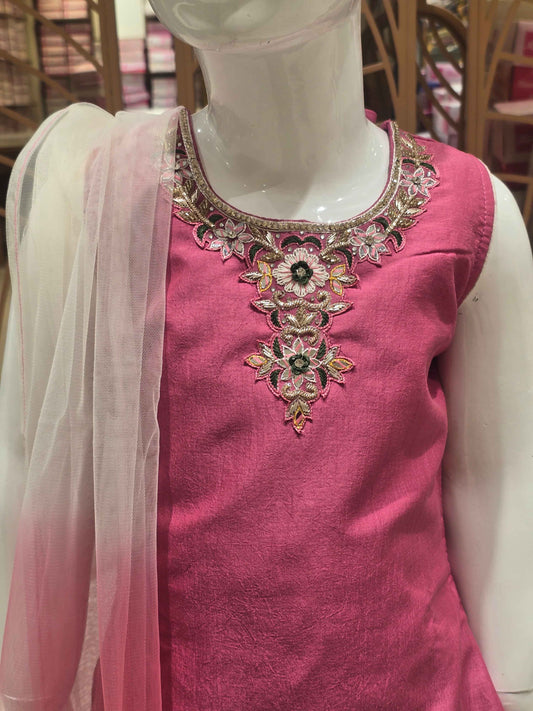 Crepe material onion pink color Patiala set with printed pant and jardhosi work on neck